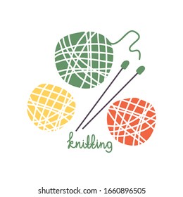 Colorful knitting balls of wool and needles. Vector illustration. Flat design element for card, banner, leaflet, poster.