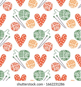 Colorful knitting balls of wool and needles. Vector illustration. Flat design element for fabric, banner, wallpaper, gift wrap.