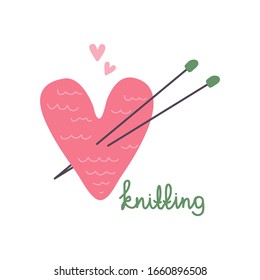 Colorful knitting heart with needles. Vector illustration. Flat design element for card, banner, leaflet, poster.