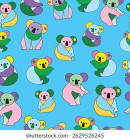 Colorful koala bear pattern blue background. Seamless pattern background.