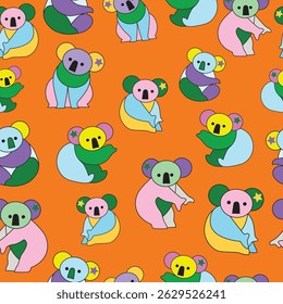 Colorful koala bear pattern orange background. Seamless pattern background.