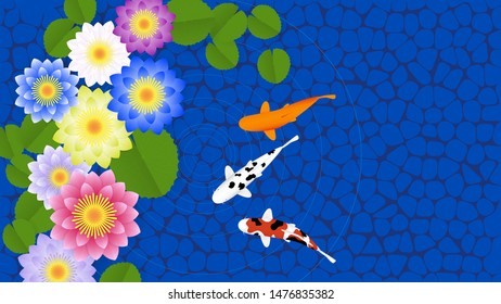 Colorful Koi carp fishes in colorful water lily pond background illustration vector
