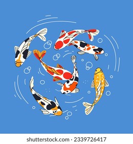 Colorful Koi carp swim in water around. Fish Flat vector illustration isolated on blue background