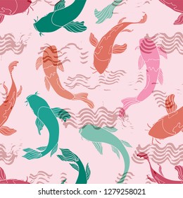 Colorful Koi fish or Asian carp silhouettes with transparent wavy brush stroke texture. Seamless vector pattern. Great for fabric, home decor, stationery, fashion accessories.