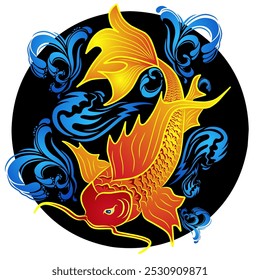 Un colorido diseño de peces koi con vibrantes contrastes amarillos y rojos contra salpicaduras de agua azul profundo, que simboliza la suerte y la perseverancia en el arte tradicional del tatuaje.