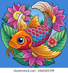 Colorido Koi pez saltando con flores para el diseño de la camiseta