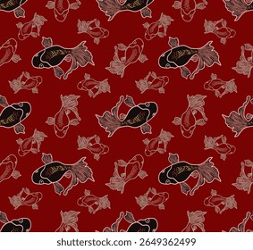 Padrão colorido de peixe koi no fundo vermelho