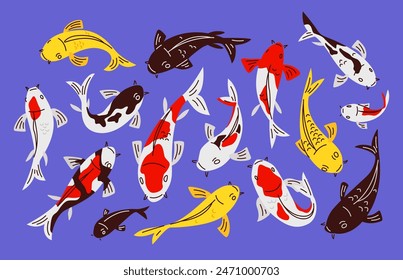 Colorful koi fish swimming on a purple background. Cartoon flat illustration. Japanese culture and aquatic life concept.