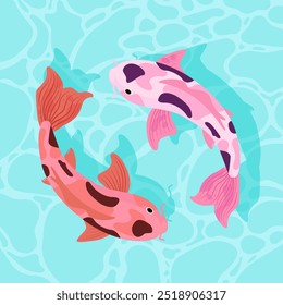 Colorido pez Koi en el agua, sobre un fondo azul. Ilustración vectorial brillante. 