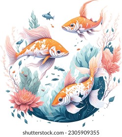 Colorido Vector de Koifish ilustración detallada con salpicaduras de flores y salpicaduras de agua diseños de camisetas decoración de paredes cuadros peces color naranja dorado y salpicaduras de agua azul