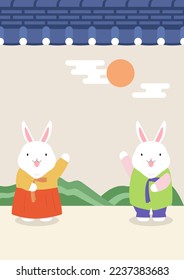 Colorful Korean traditional elements and cute rabbits.