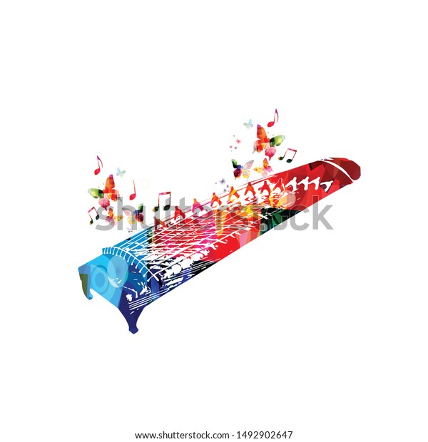 Colorful koto instrument with music notes isolated
vector illustration design. Music background. Artistic Japanese
harp with music notes festival poster, live concert events, party
flyer