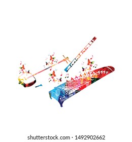 Colorful koto, shamisen and shakuhachi with music notes isolated vector illustration design. Music background. Artistic Japanese music instruments for festival poster, live concert events, party flyer