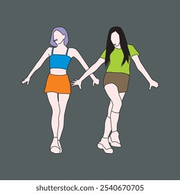 colorful kpop female couple vector illustration posing with same dance moves, cartoon line drawing of kpop idols