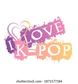Colorful k-pop lettering with a Hand-drawn heart. Isolated sticker in a modern purple-yellow gradient on white background. Design of postcard, poster, banner and t-shirt for korean pop music fans