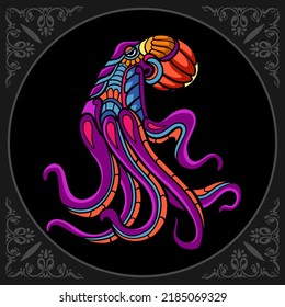 Colorful Kraken octopus zentangle arts isolated on black background.