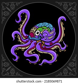 Colorful Kraken octopus zentangle arts isolated on black background.