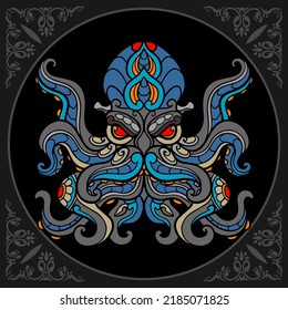 Colorful Kraken octopus zentangle arts isolated on black background.