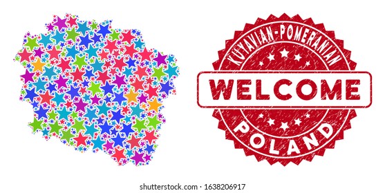 Colorful Kuyavian-Pomeranian Voivodeship map mosaic of stars, and scratched rounded red WELCOME stamp seal. Abstract territorial scheme in colorful color hues.