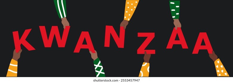 Colorful Kwanzaa celebration banner. African American people holding red letters.