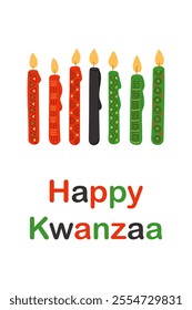 Colorful Kwanzaa greeting banner with seven symbolic candles in red, black, and green with traditional decorative patterns. Vector hand drawn illustration isolated on white background