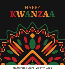 Cartão colorido de saudação do kwanzaa com padrão tradicional africano celebrando os sete princípios da herança africana. Ilustração vetorial.