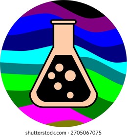 Frasco de laboratorio colorido con burbujas. Ciencia audaz, abstracta, investigación química.