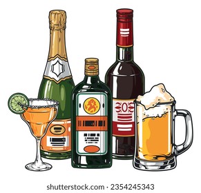 Colorida etiqueta de la variedad de bebidas alcohólicas con botellas de espumoso y vino tinto o licor cerca de la taza de cerveza ilustración vectorial