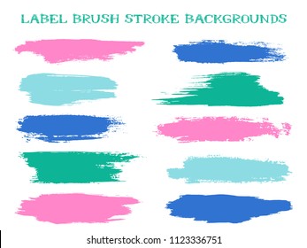 Colorful label brush stroke backgrounds, paint or ink smudges vector for tags and stamps design. Painted label backgrounds patch. Interior colors guide book samples. Ink blue pink green spots.