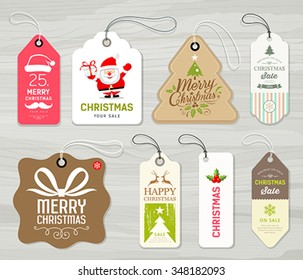 Colorful label paper merry christmas concept design on gray wood background vector illustration