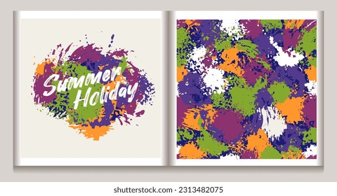 Colorful label, pattern with text, paint splatter, stains, blots, smudge of paint. Good for apparel, fabric, textile, surface design in groovy, hippie, summer style.