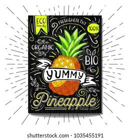 Colorful Label poster stickers food fruits vegetable chalk sketch style, food and spices. Pineapple. Bio eco vegetarian raw farm fresh organic. Hand drawn vector illustration.