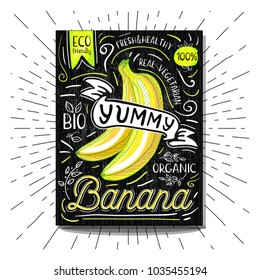 Colorful Label poster stickers food fruits vegetable chalk sketch style, food and spices. Banana. Bio eco vegetarian raw farm fresh organic. Hand drawn vector illustration.