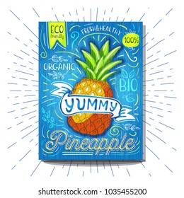 Colorful Label poster stickers food fruits vegetable chalk sketch style, food and spices. Pineapple. Bio eco vegetarian raw farm fresh organic. Hand drawn vector illustration.