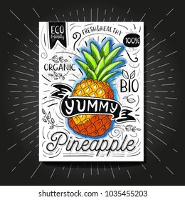 Colorful Label poster stickers food fruits vegetable chalk sketch style, food and spices. Pineapple. Bio eco vegetarian raw farm fresh organic. Hand drawn vector illustration.