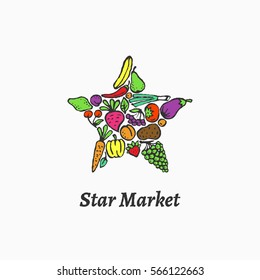 Colorful label shaped star with fruit and vegetables. Vector illustration.