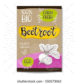 Colorful label in sketch style, food, spices, cardboard texture background. Beet, beetroot. Vegetables. Bio, eco, farm, fresh. locally grown. Hand drawn vector illustration.