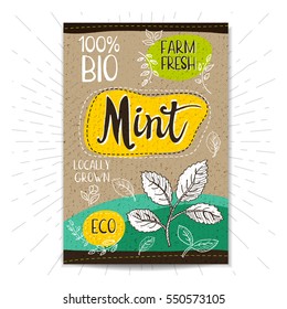 Colorful label in sketch style, food, spices, cardboard texture background. Mint. Leafs. Bio, eco, farm, fresh. locally grown. Hand drawn vector illustration.