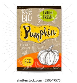 Colorful label in sketch style, food, spices, cardboard textured background. Pumpkin. Vegetables. Bio, eco, farm, fresh. locally grown. Hand drawn vector illustration.