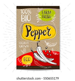 Colorful label in sketch style, food, spices, cardboard textured background. Pepper. Vegetables. Bio, eco, farm, fresh. locally grown. Hand drawn vector illustration.