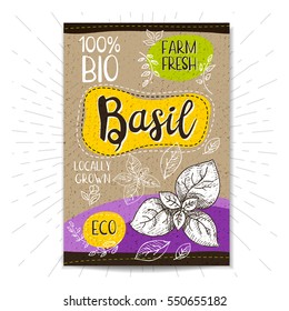 Colorful label in sketch style, food, spices, cardboard textured background. Basil. Leaf. Bio, eco, farm, fresh. locally grown. Hand drawn vector illustration.