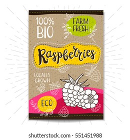 Colorful label in sketch style, food, spices, cardboard textured background. Raspberries. Fruits. Bio, eco, farm, fresh. locally grown. Hand drawn vector illustration.