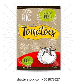 Colorful label in sketch style, food, spices, cardboard textured background. Tomatoes. Vegetables. Bio, eco, farm, fresh. locally grown. Hand drawn vector illustration.