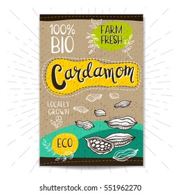 Colorful label in sketch style, food, spices, cardboard textured background. Cardamom. Spice. Bio, eco, farm, fresh. locally grown. Hand drawn vector illustration.