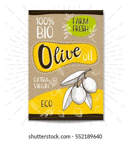 Colorful label in sketch style, food, spices, cardboard textured background. Olive oil. Extra virgin. Bio, eco, farm, fresh. locally grown. Hand drawn vector illustration.