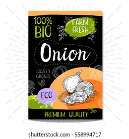 Colorful label in sketch style food spices, black background. Onion. Vegetables. Bio, eco, farm, fresh. locally grown. Hand drawn vector illustration