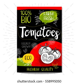 Colorful label in sketch style food spices, black background. Tomato. Vegetables. Bio, eco, farm, fresh. locally grown. Hand drawn vector illustration