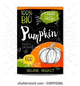 Colorful label in sketch style food spices, black background. Pumpkin. Vegetables. Bio, eco, farm, fresh. locally grown. Hand drawn vector illustration