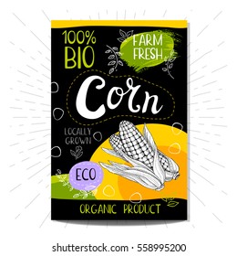 Colorful label in sketch style food spices, black background. Corn. Vegetables. Bio, eco, farm, fresh. locally grown. Hand drawn vector illustration