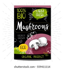 Colorful label in sketch style food spices, black background. Mushrooms. Vegetables. Bio, eco, farm, fresh. locally grown. Hand drawn vector illustration